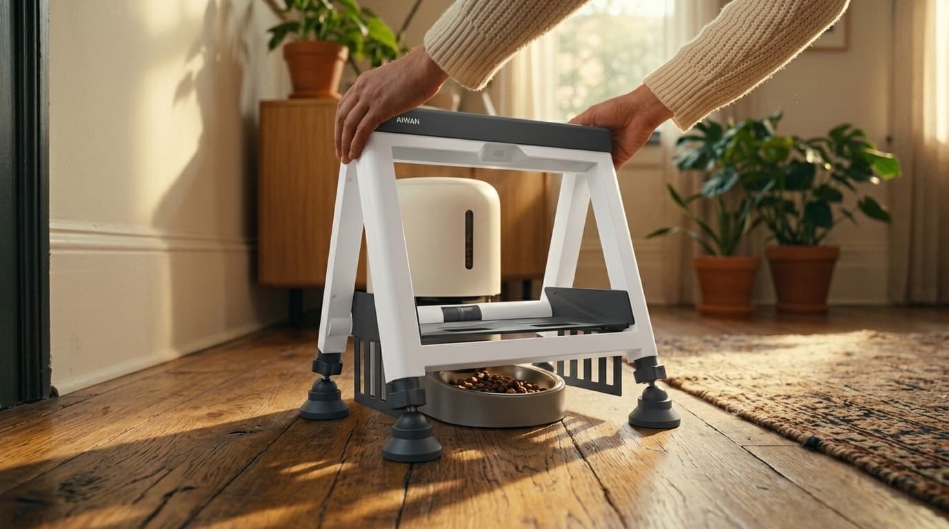 Two hands set the Aiwan shield down over an automatic feeder in a sunlit room.