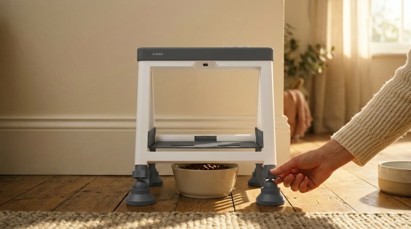 The Aiwan RFID food shield standing over a bowl, with a hand adjusting one of its suction feet.