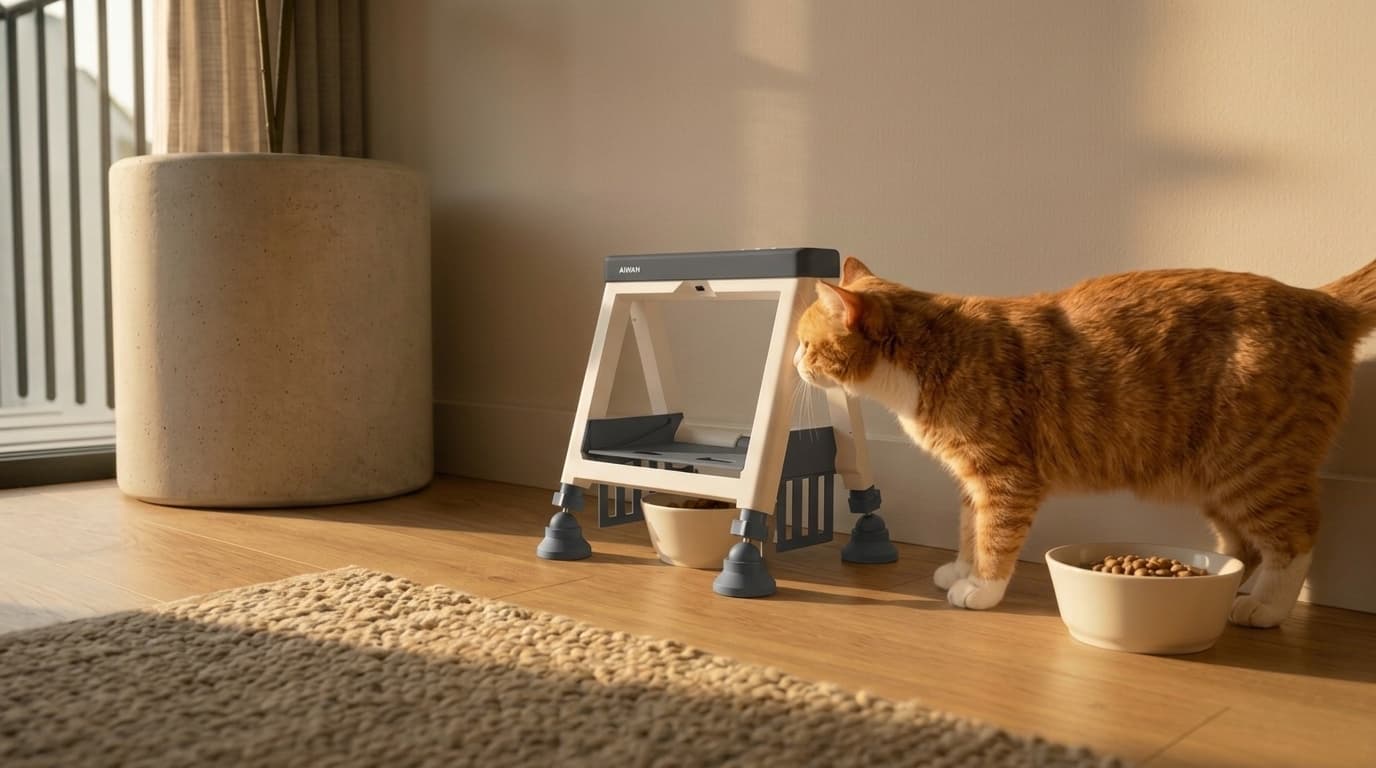An orange cat without the registered tag finds the Aiwan shield closed over the food bowl.