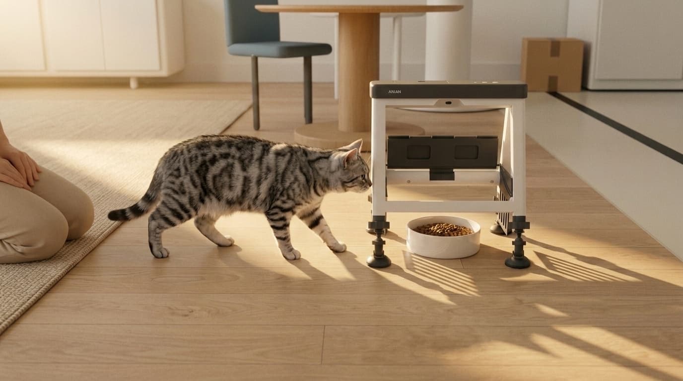 A silver tabby walks up to the open Aiwan food shield, its lid folded back over the bowl.