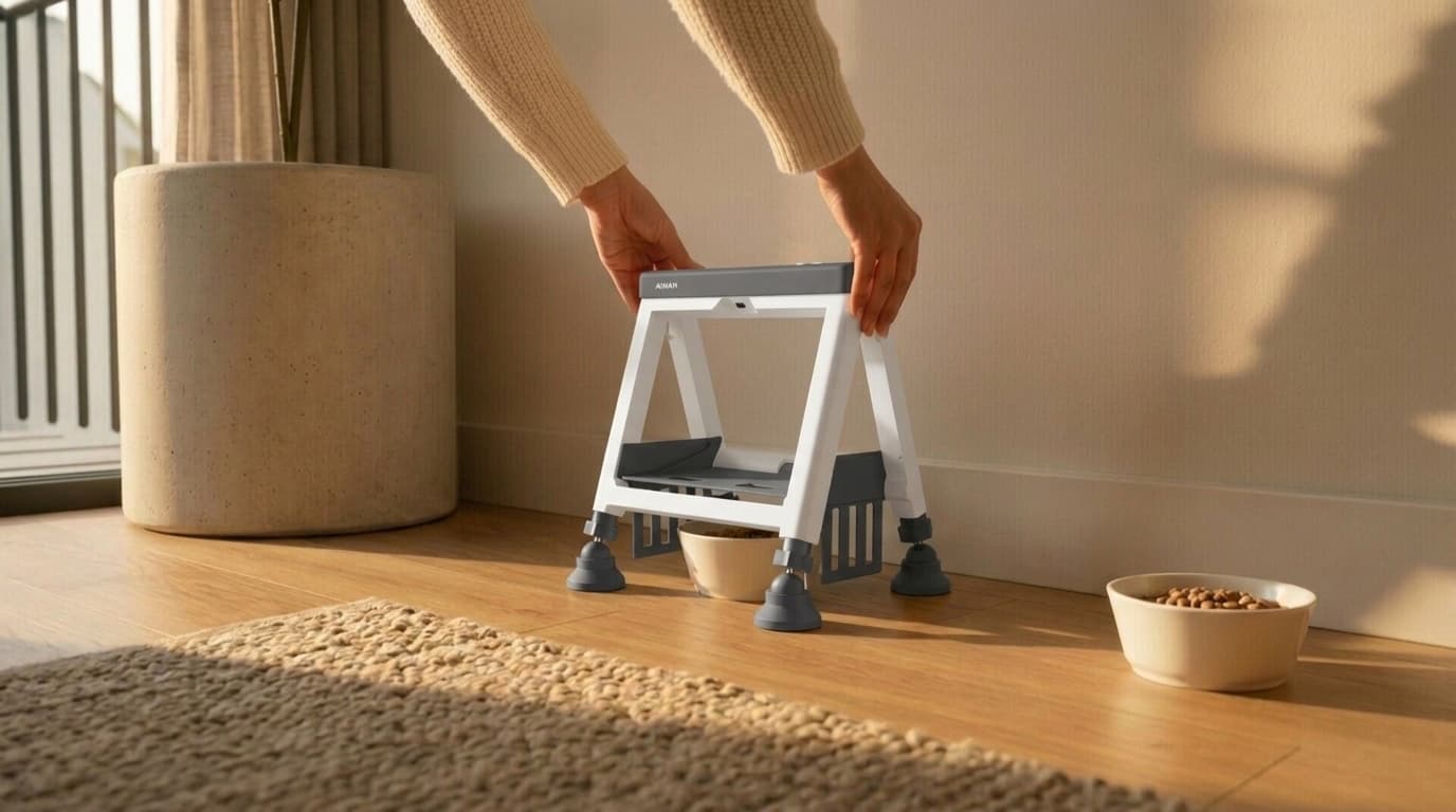 Two hands set the Aiwan shield down over a cat bowl on the floor.