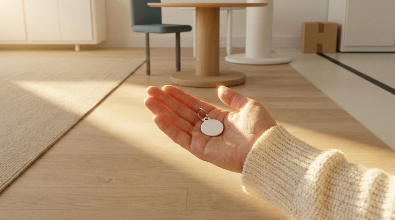 A small round RFID collar tag resting in an open palm.